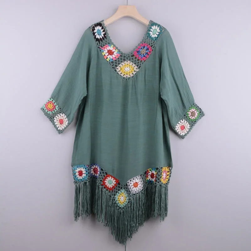 womens-embroidered-three-quarter-sleeve-tassel-cover-up