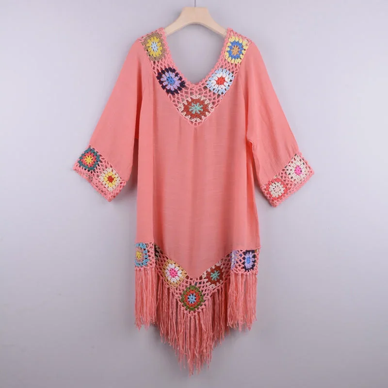 womens-embroidered-three-quarter-sleeve-tassel-cover-up