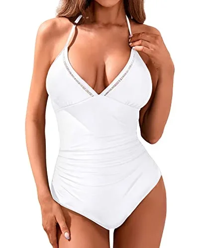 Long Torso Removable Padded Bra Halter One Piece Swimsuit-White