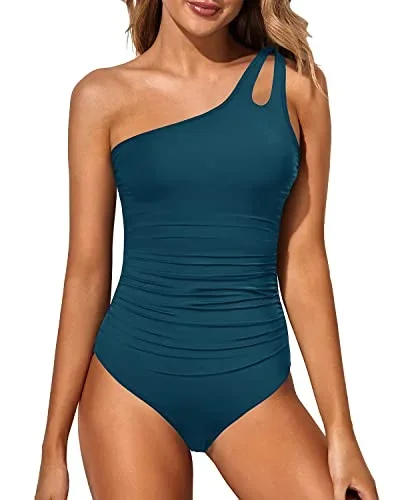 One Shoulder One Piece Swimsuit Modest Cut For Women-Teal