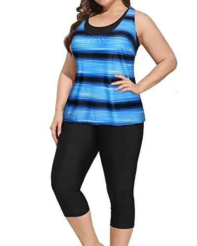 Slimming Plus Size Swimsuits For Women Sports Bra & Swim Capris-Blue And Black Stripe