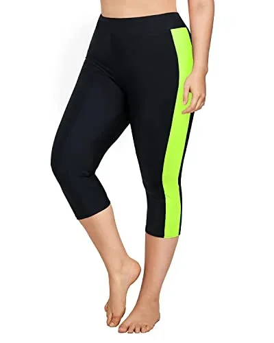 High Waisted Plus Size Swim Shorts Tummy Control Swim Pants-Black Yellow Green