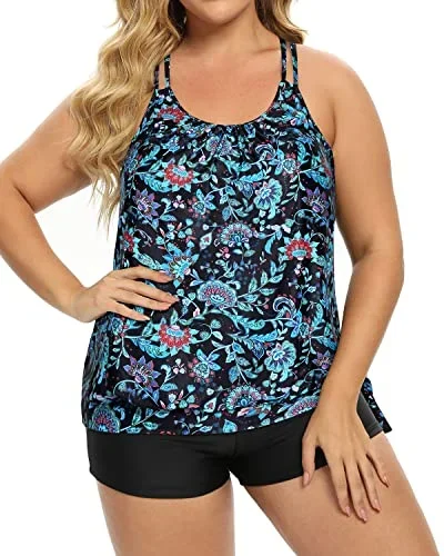 Women Plus Size Blouson Tankini Top With Boy Shorts Bathing Suits-Green And Balck Floral