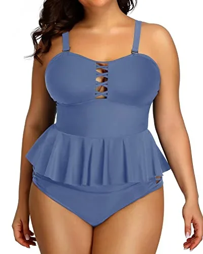 Women's Vintage Ruffle Tankini Swimsuit Top Lace Strappy Sides-Blue