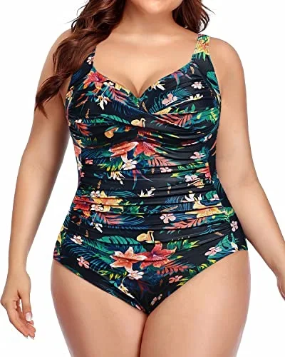 One Piece Swimsuits Tummy Control Bathing Suits Twist Front Ruched Swimwear-Black Flower