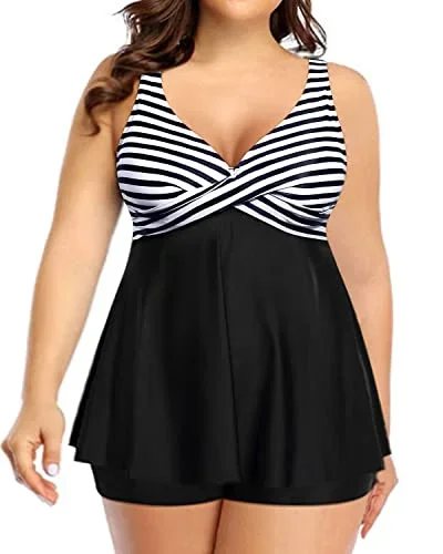 Flowy Plus Size Tankini For Elegant Neck And Curvy Bust Women-Black And White Stripe