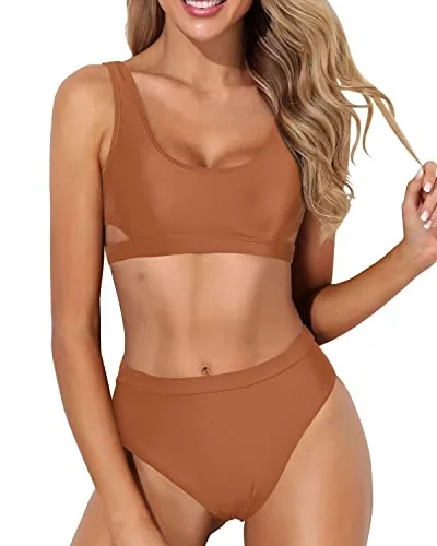 High Leg Bikini Sets For Women 2 Piece High Waisted Sport Swimsuit-Brown