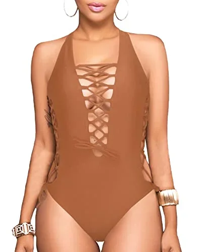 Flattering Deep V Neck Lace Up Monokini-Brown