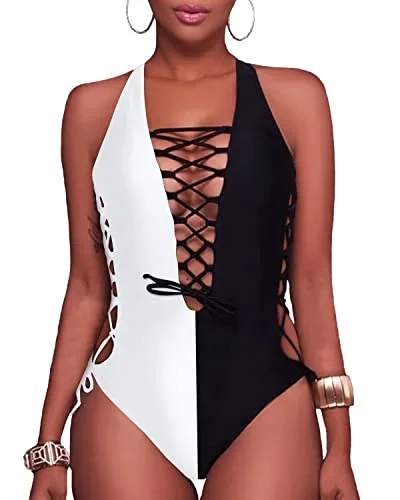 Strappy Cutout Plunge V Neck Bathing Suits-White