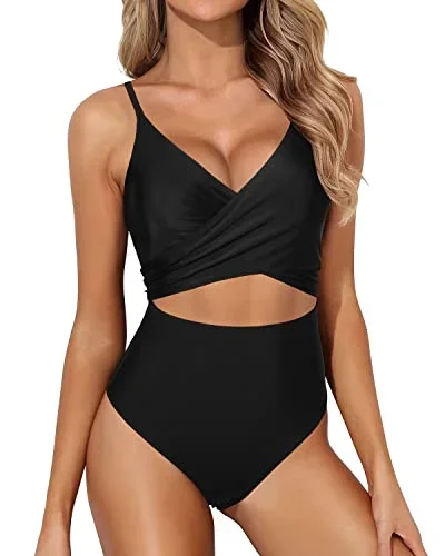 Cutout One Piece Swimsuits Women Tummy Control High Waisted Monokini-Black